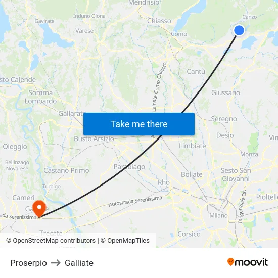 Proserpio to Galliate map