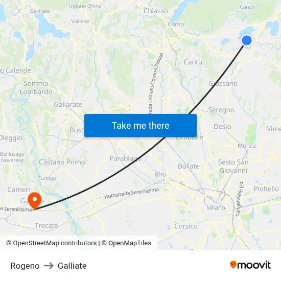 Rogeno to Galliate map