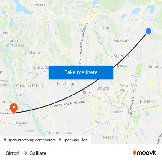 Sirtori to Galliate map