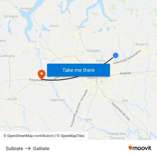 Sulbiate to Galliate map