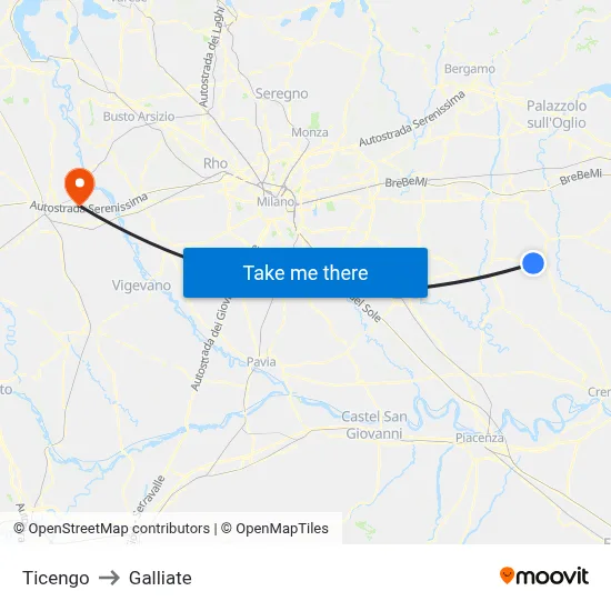 Ticengo to Galliate map