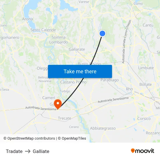 Tradate to Galliate map