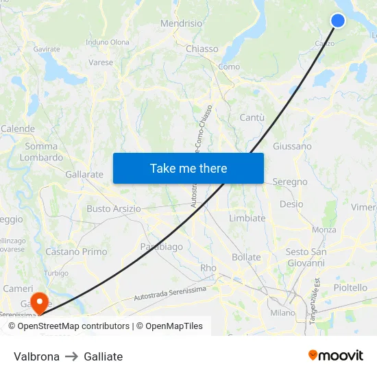 Valbrona to Galliate map