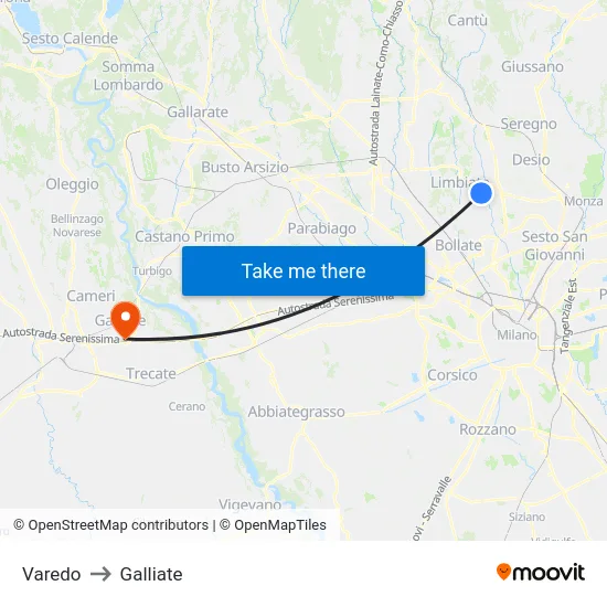 Varedo to Galliate map