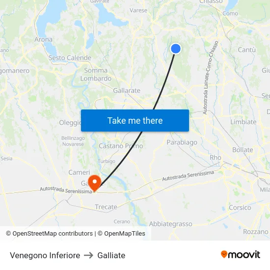 Venegono Inferiore to Galliate map