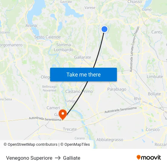 Venegono Superiore to Galliate map