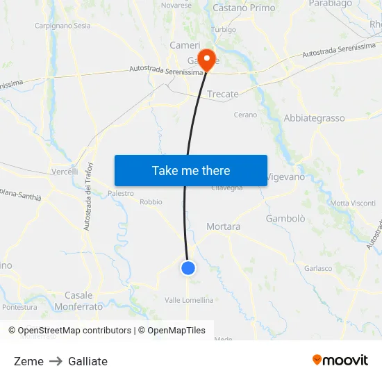 Zeme to Galliate map