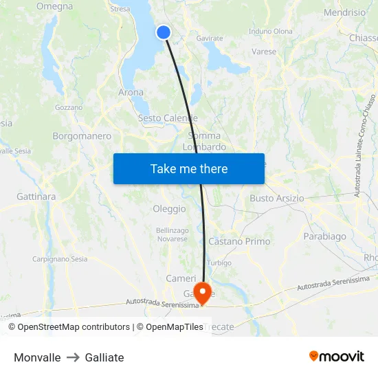 Monvalle to Galliate map