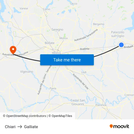 Chiari to Galliate map