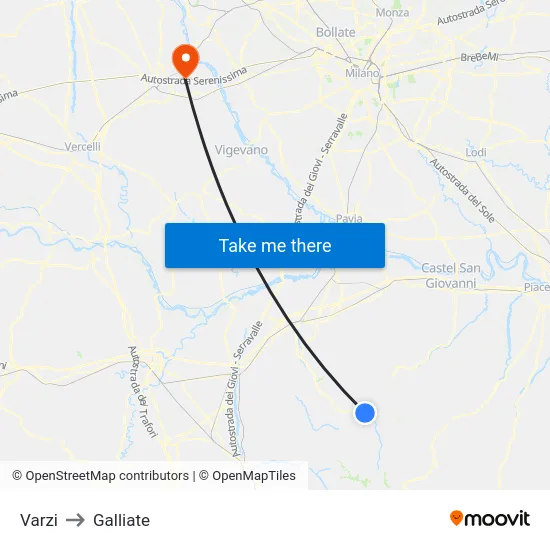 Varzi to Galliate map