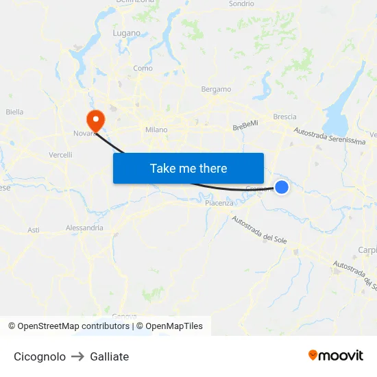 Cicognolo to Galliate map