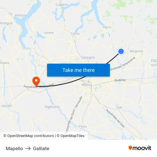 Mapello to Galliate map