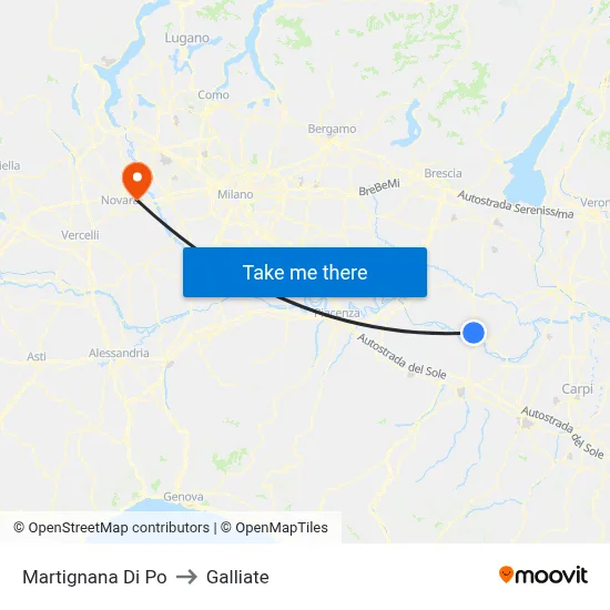 Martignana di Po to Galliate map
