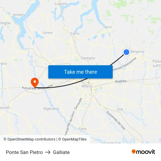 Ponte San Pietro to Galliate map