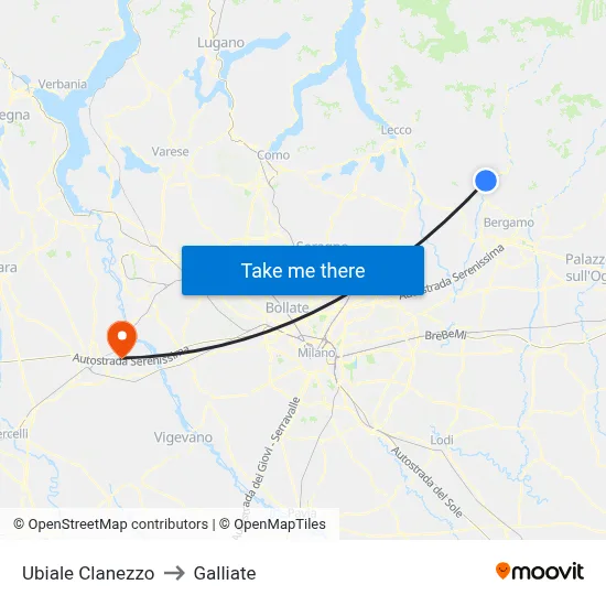 Ubiale Clanezzo to Galliate map