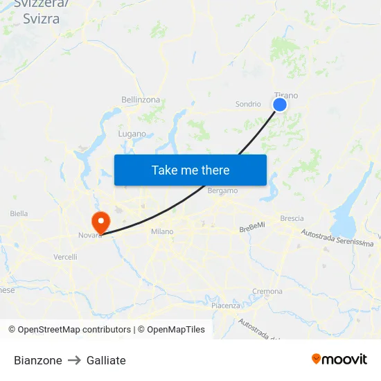 Bianzone to Galliate map