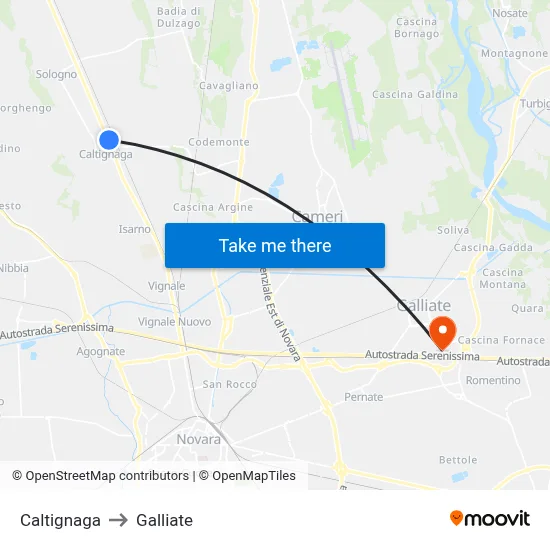Caltignaga to Galliate map