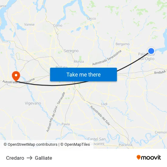 Credaro to Galliate map