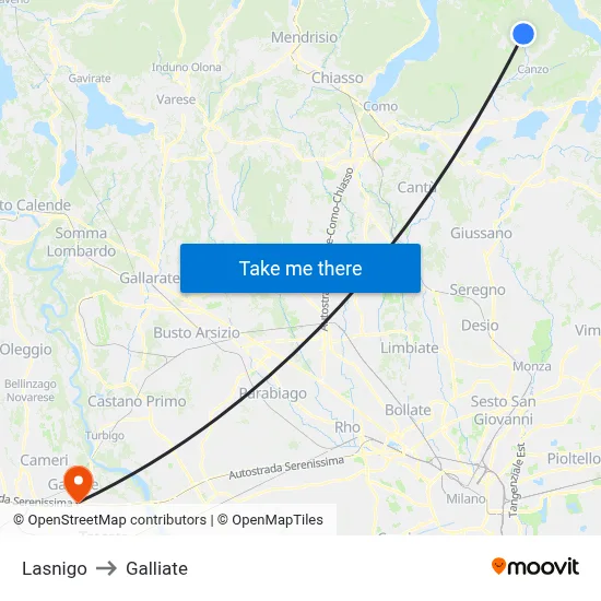 Lasnigo to Galliate map