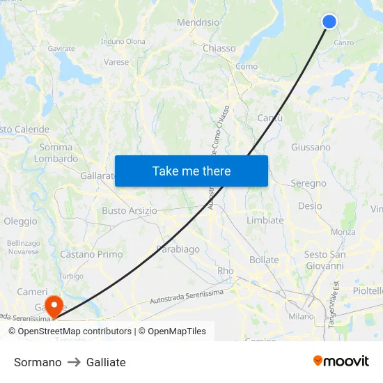 Sormano to Galliate map
