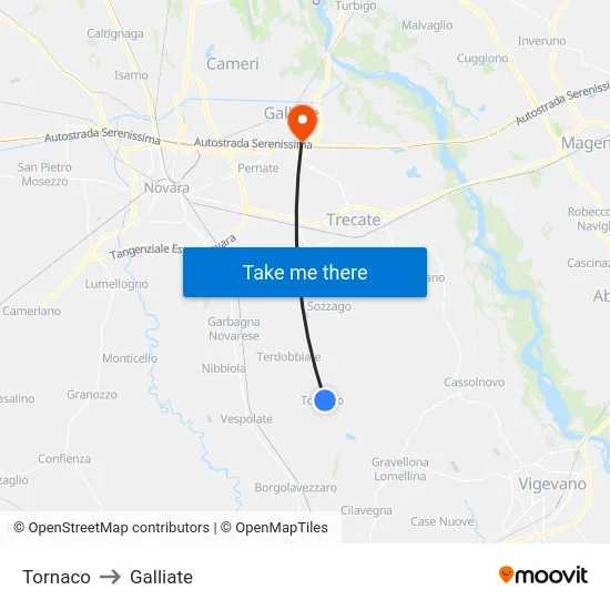 Tornaco to Galliate map