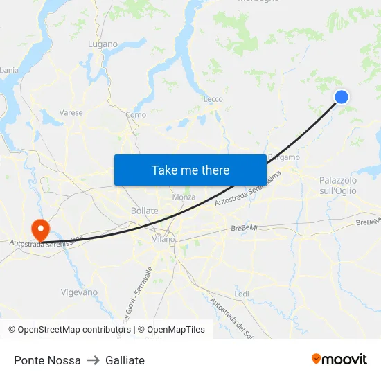 Ponte Nossa to Galliate map