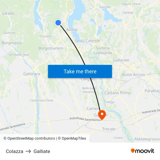 Colazza to Galliate map