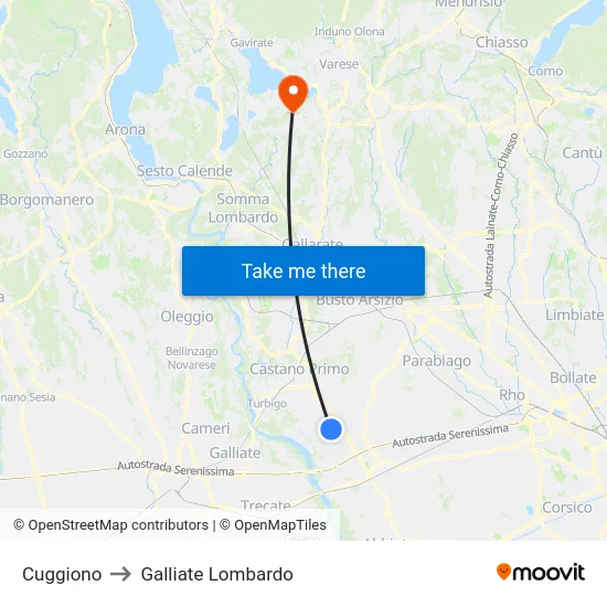 Cuggiono to Galliate Lombardo map