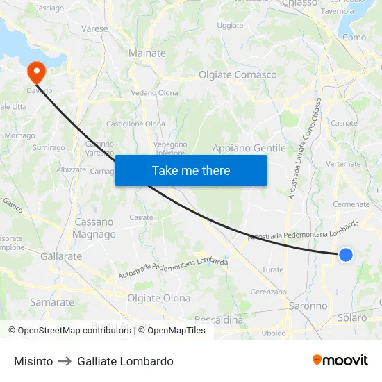 Misinto to Galliate Lombardo map