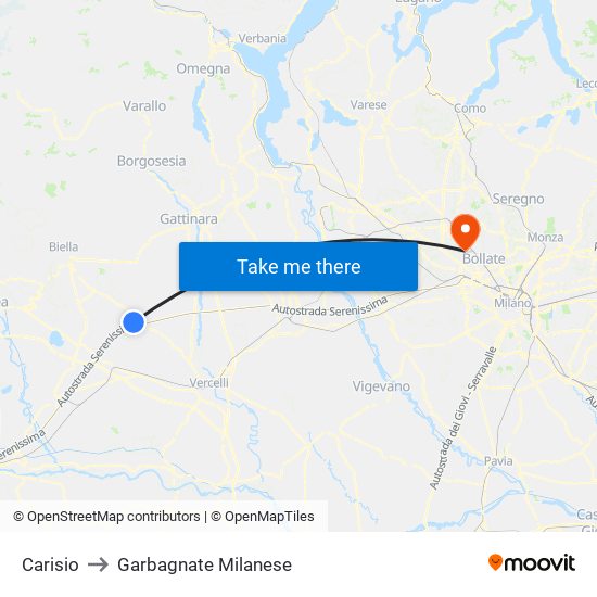 Carisio to Garbagnate Milanese map
