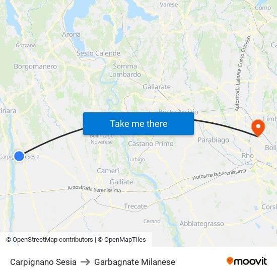 Carpignano Sesia to Garbagnate Milanese map