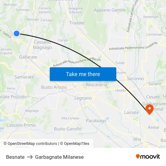 Besnate to Garbagnate Milanese map
