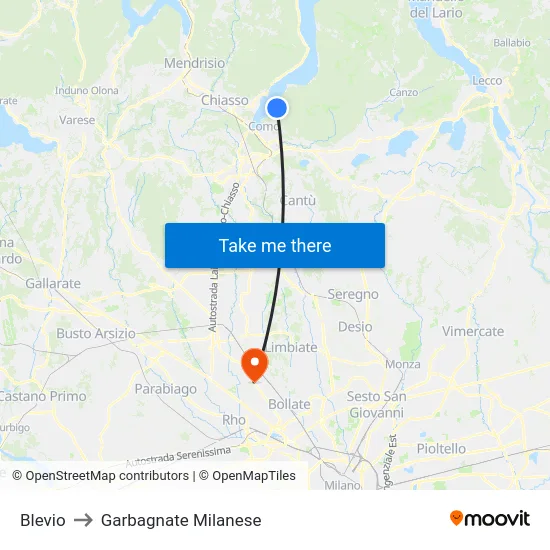 Blevio to Garbagnate Milanese map