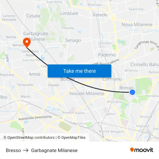 Bresso to Garbagnate Milanese map