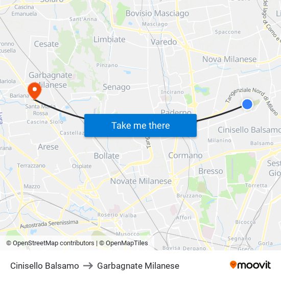 Cinisello Balsamo to Garbagnate Milanese map