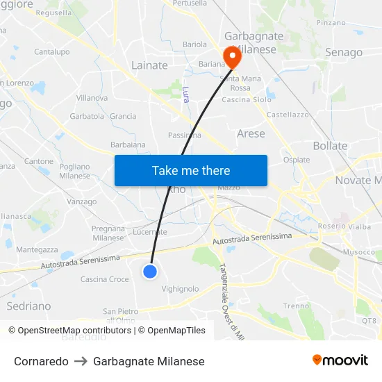Cornaredo to Garbagnate Milanese map