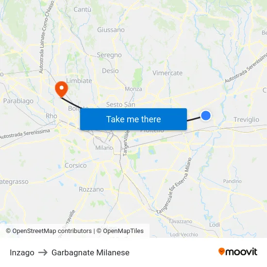 Inzago to Garbagnate Milanese map