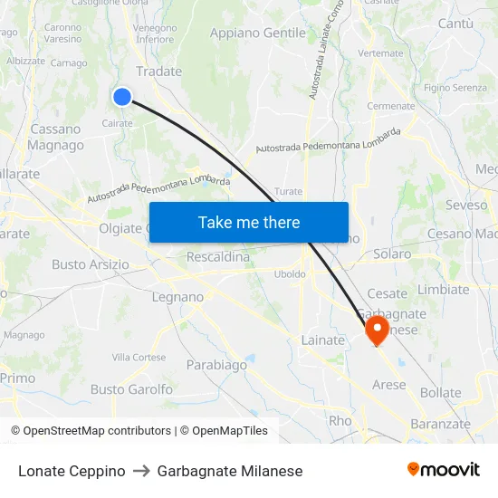Lonate Ceppino to Garbagnate Milanese map