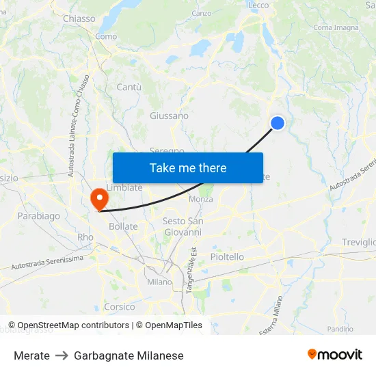 Merate to Garbagnate Milanese map