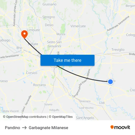 Pandino to Garbagnate Milanese map
