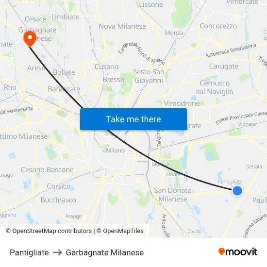 Pantigliate to Garbagnate Milanese map