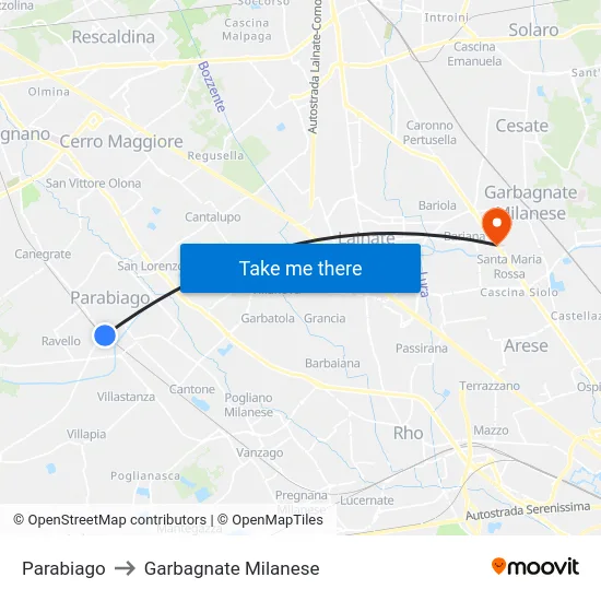 Parabiago to Garbagnate Milanese map