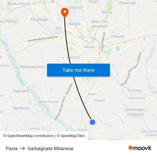 Pavia to Garbagnate Milanese map