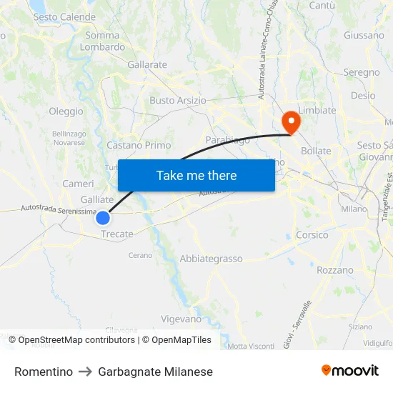 Romentino to Garbagnate Milanese map