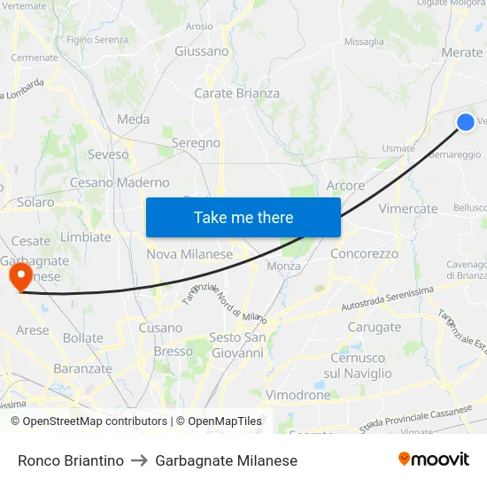Ronco Briantino to Garbagnate Milanese map
