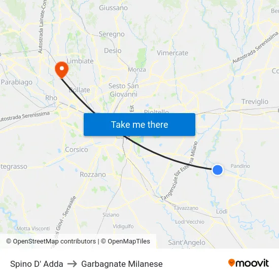 Spino D' Adda to Garbagnate Milanese map