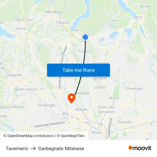 Tavernerio to Garbagnate Milanese map