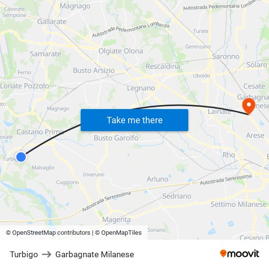 Turbigo to Garbagnate Milanese map