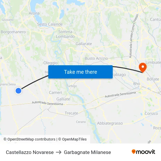 Castellazzo Novarese to Garbagnate Milanese map