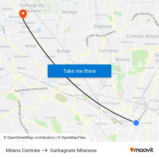 Milano Centrale to Garbagnate Milanese map